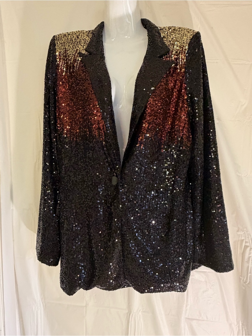 Dennis Basso Sequin Blazer with Ombré Detail at Shoulder Neutral/Black Size 14
